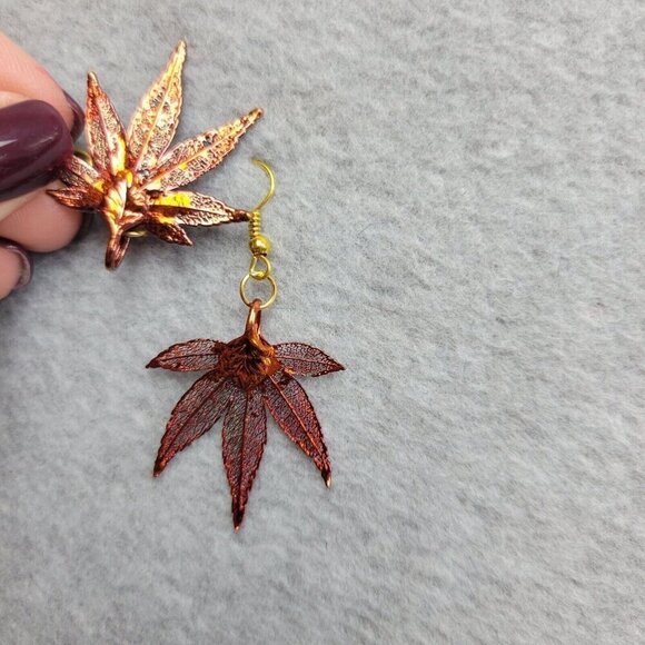 Bronze Tone Leaf Earrings Natures Jewelry Japanese Maple Dangle Fish Hook Unique - Picture 4 of 8